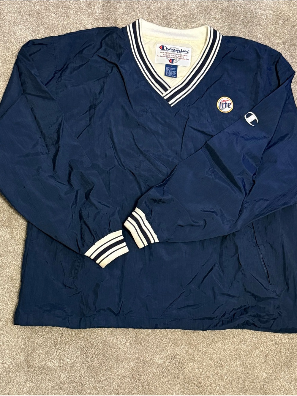 Champion Navy V-Neck Pullover with White Stripe Trim